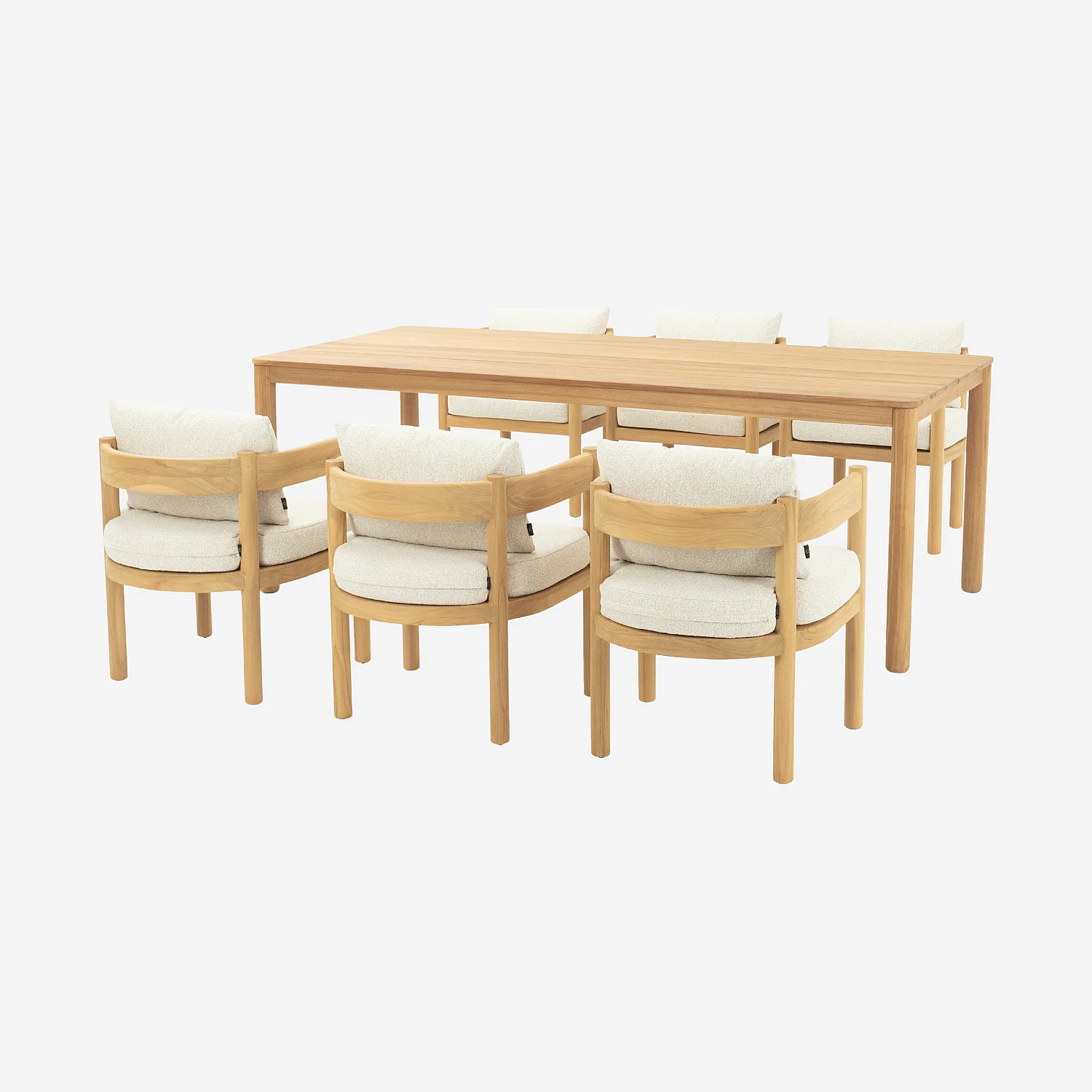 Ensemble table rectangulaire et 6 chaises de jardin en teck massif et tissu imperméable - Naturel et blanc cassé - 2