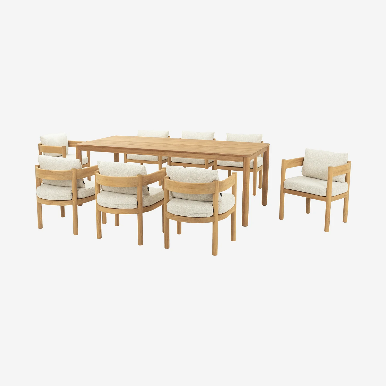 Ensemble table rectangulaire et 8 chaises de jardin en teck massif et tissu imperméable - Naturel et blanc cassé - 1
