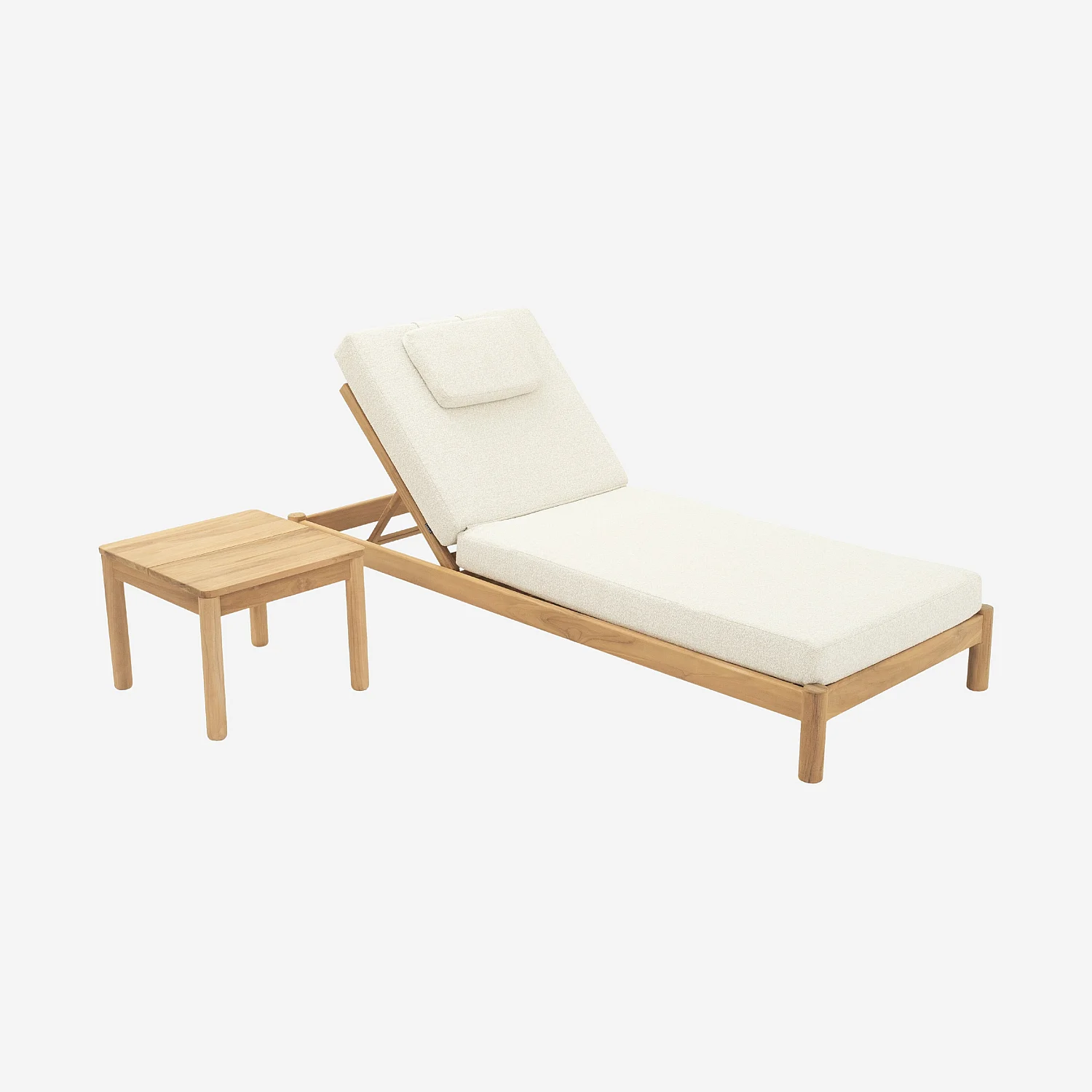 Ensemble table d'appoint et bain de soleil en teck massif et tissu imperméable - Naturel et blanc cassé - 2