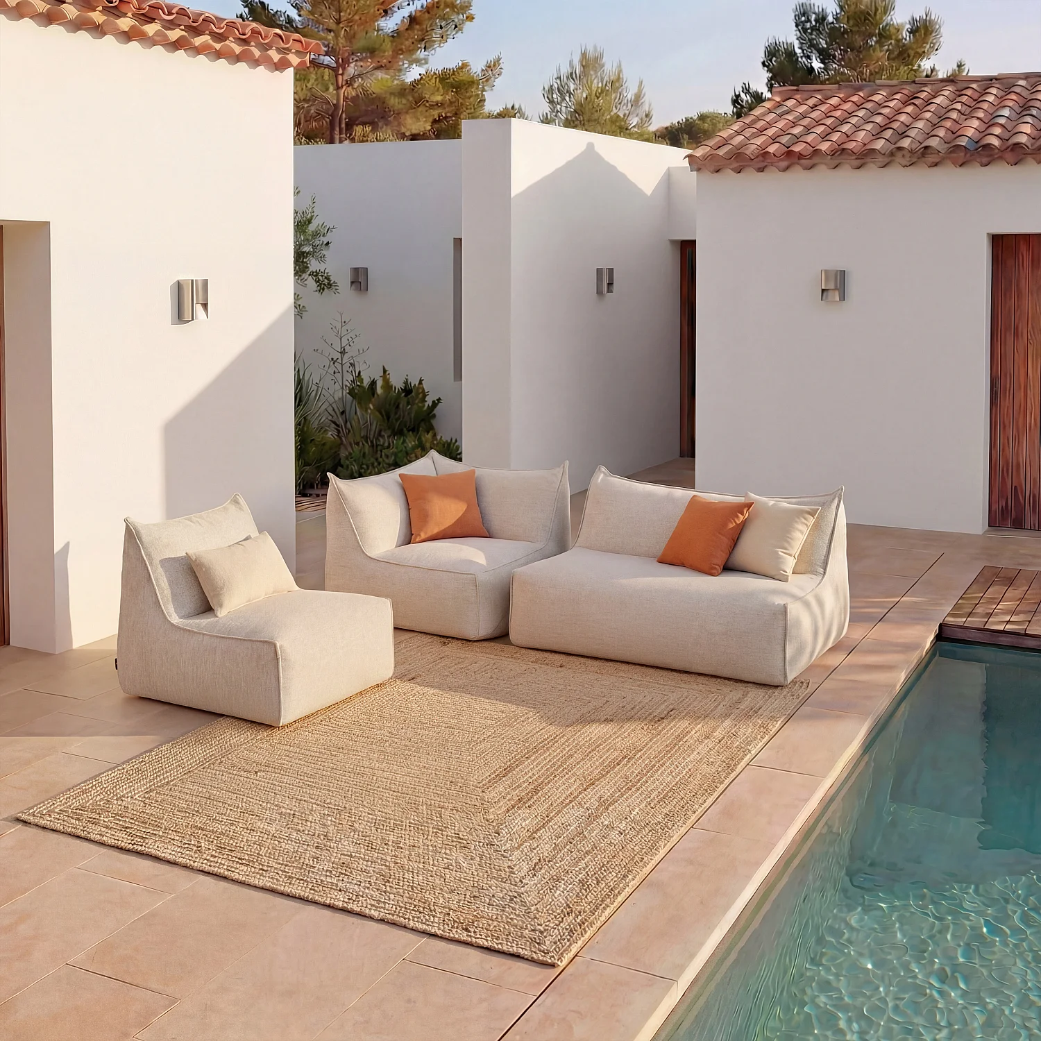 Ensemble de jardin d'angle en tissu imperméable 4 places - Crème - 1