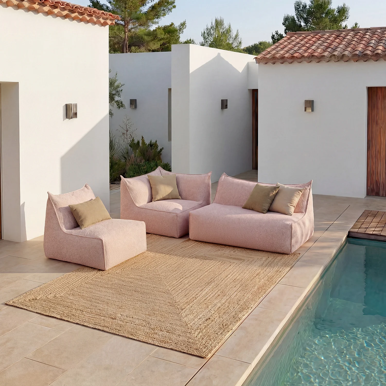 Ensemble de jardin d'angle en tissu imperméable 4 places - Rose argile - 1