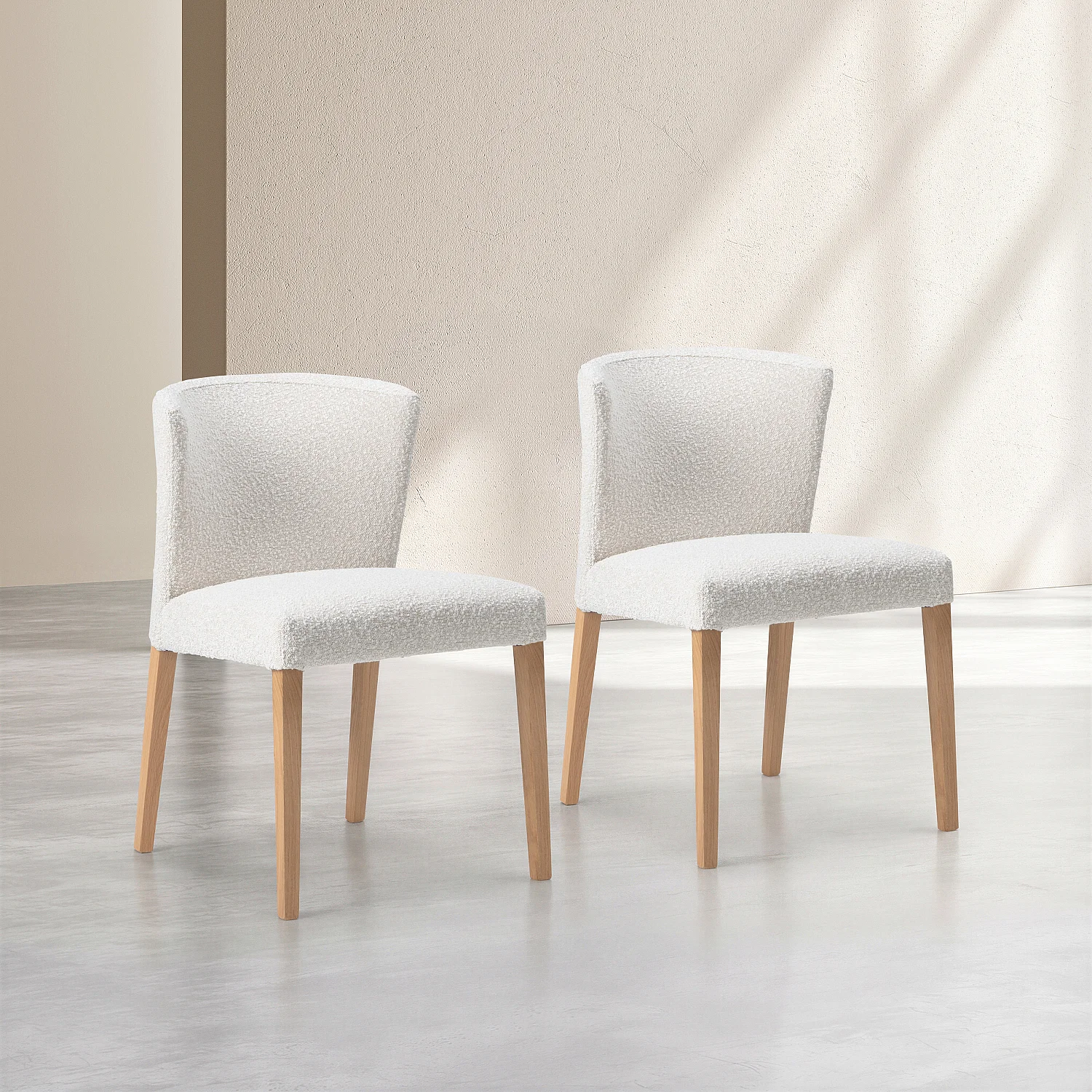 Stuhl 2er-Set aus Bouclé-Stoff und massivem Eichenholz – Creme - 2
