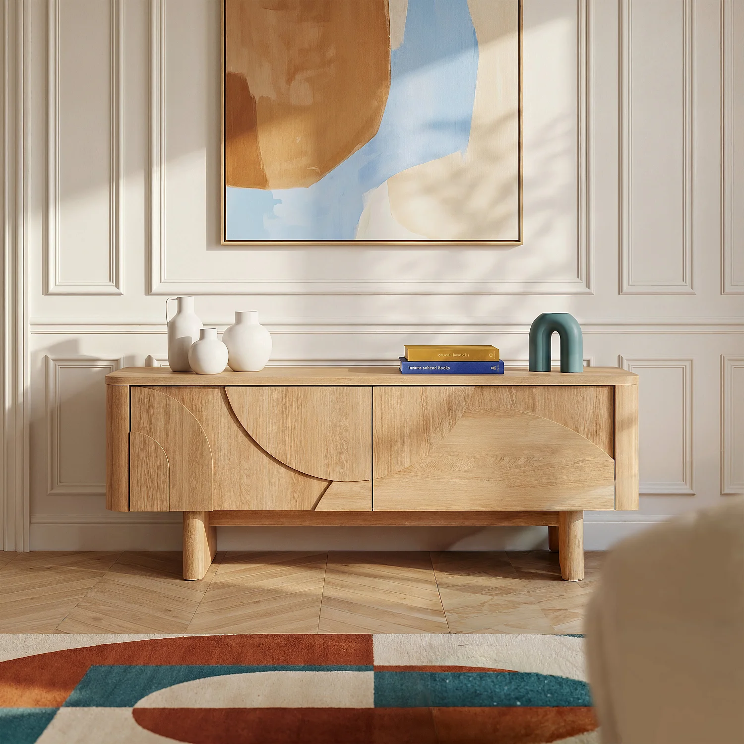 TV-benk med 2 nedfellbare dører i eik 125 cm – Natur – Design by Hélèna Pille - 1