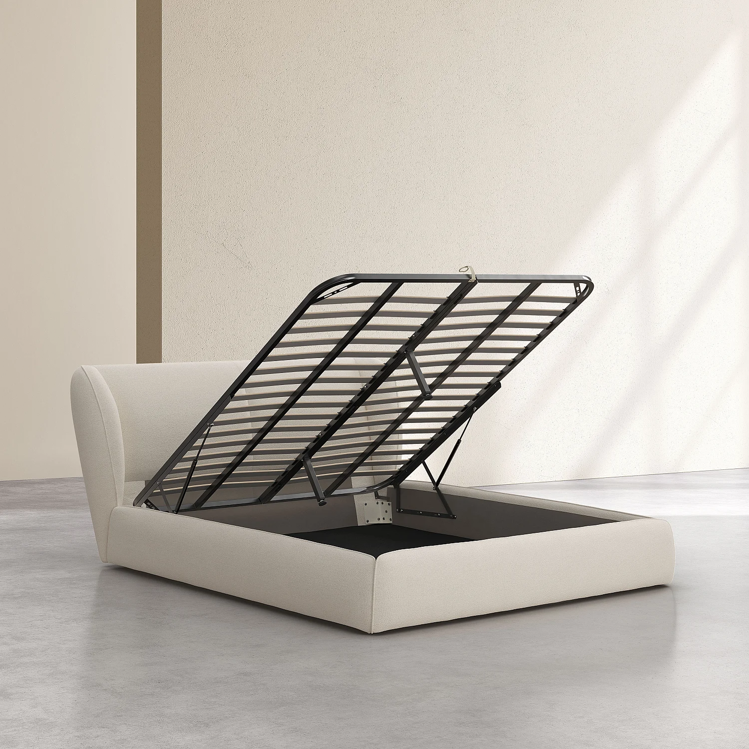 Ensemble lit coffre 160 x 200 cm en tissu bouclette courte et matelas Hybride Excellence - Beige meringue - 9