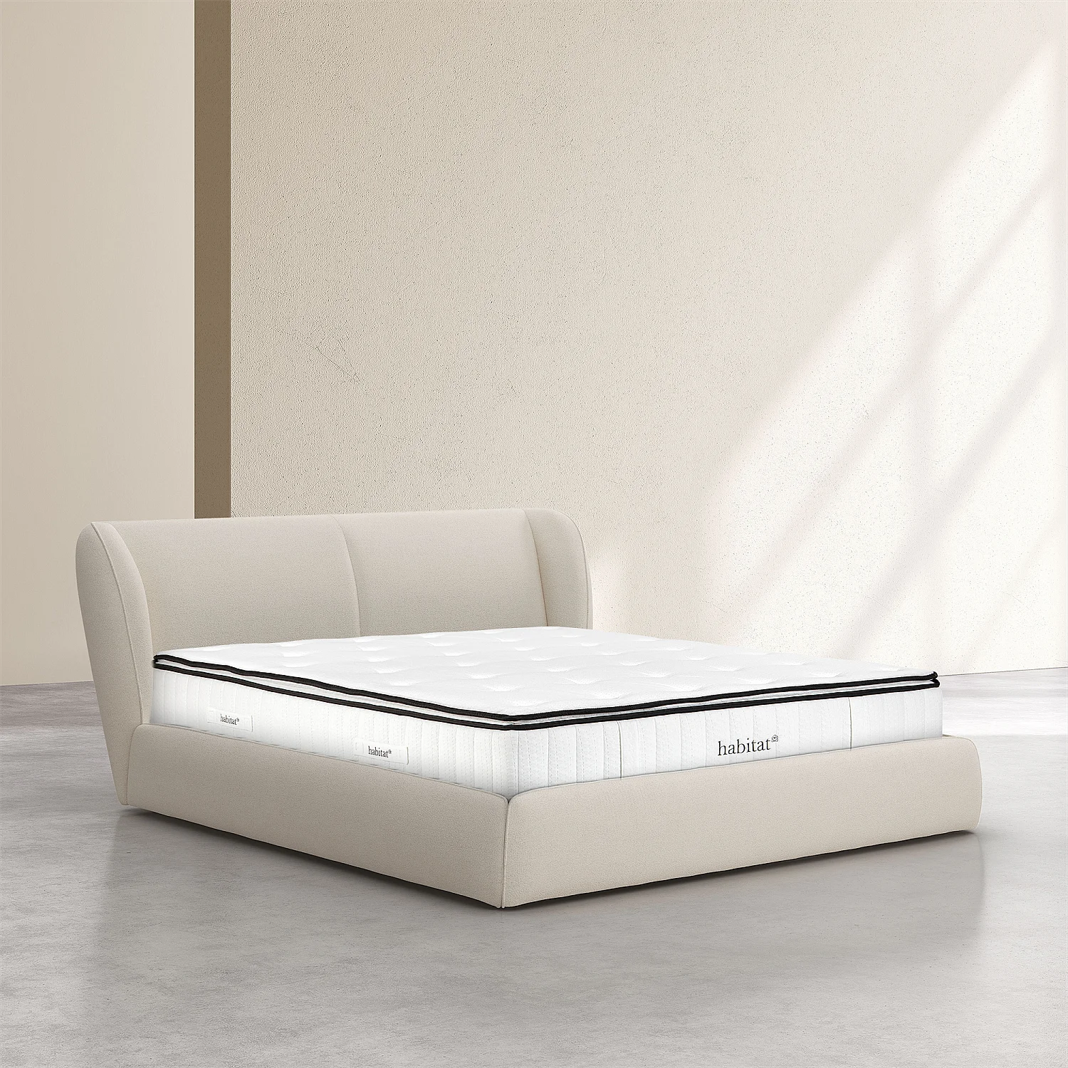 Ensemble lit coffre 180 x 200 cm en tissu bouclette courte et matelas Hybride Excellence - Beige meringue - 1