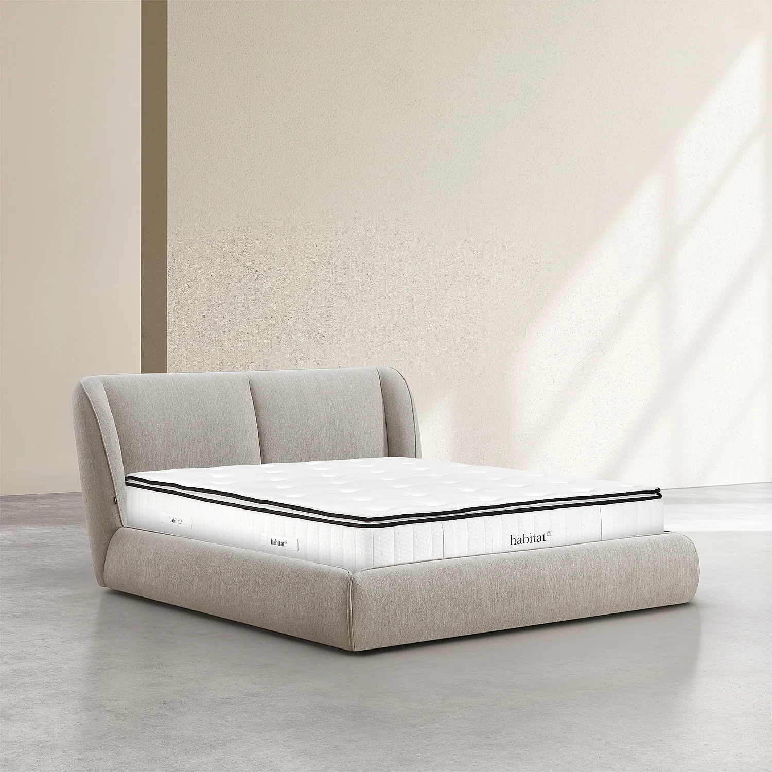 Ensemble lit coffre 160 x 200 cm en tissu bouclette courte et matelas Hybride Excellence - Taupe - 1