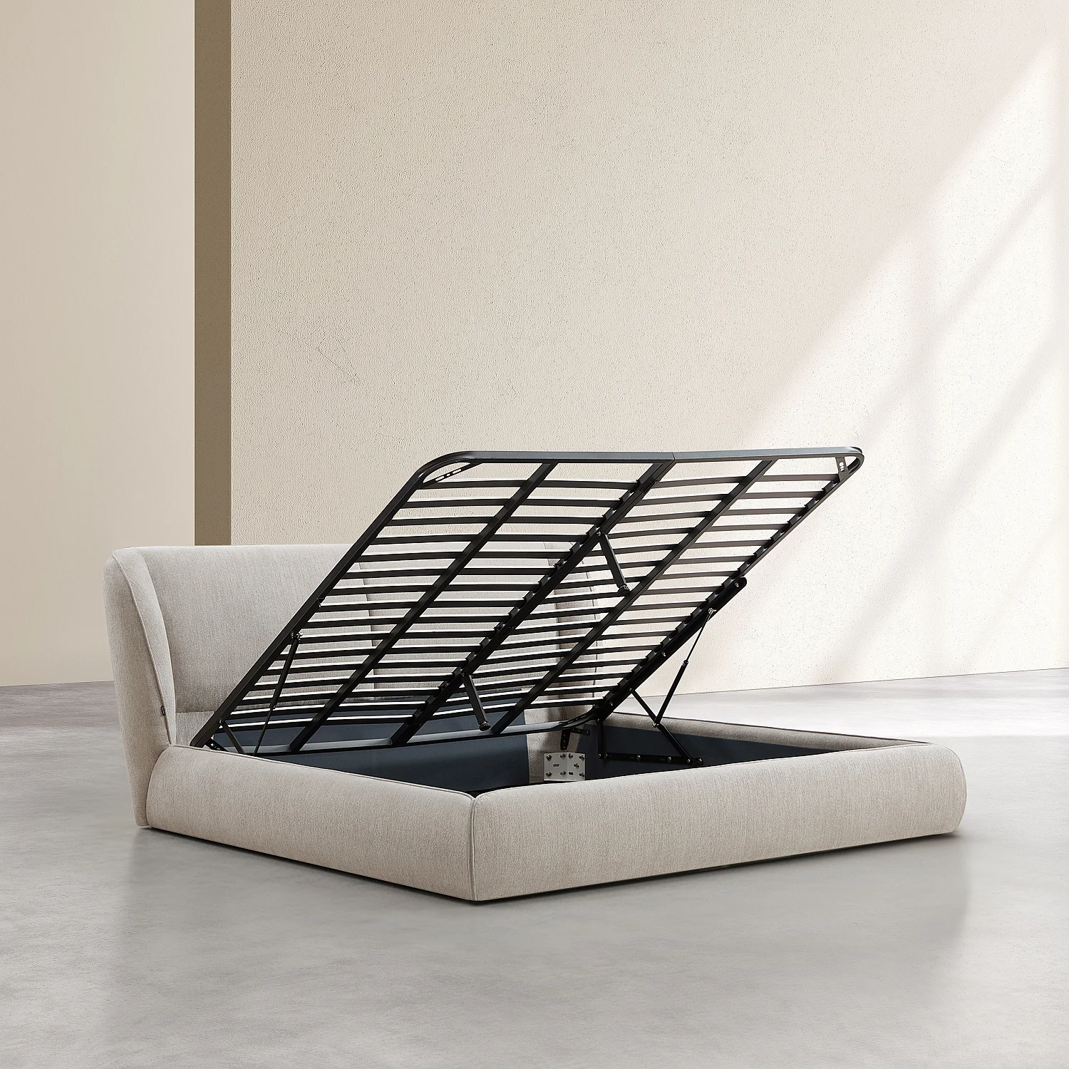 Ensemble lit coffre 180 x 200 cm en tissu bouclette courte et matelas Hybride Excellence - Taupe - 5
