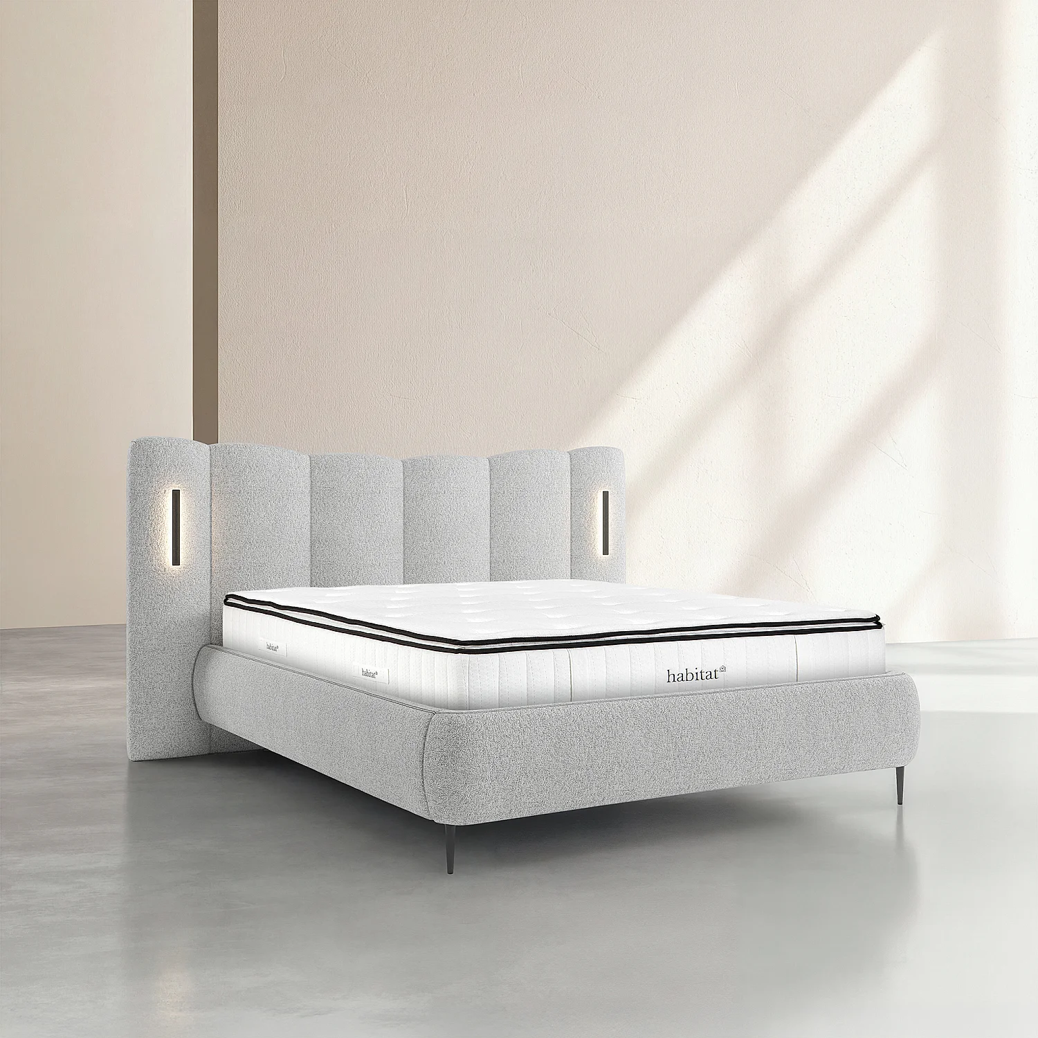 Ensemble lit coffre 160 x 200 cm en tissu texturé avec LEDs intégrées et matelas Hybride Excellence - Gris chiné - 1