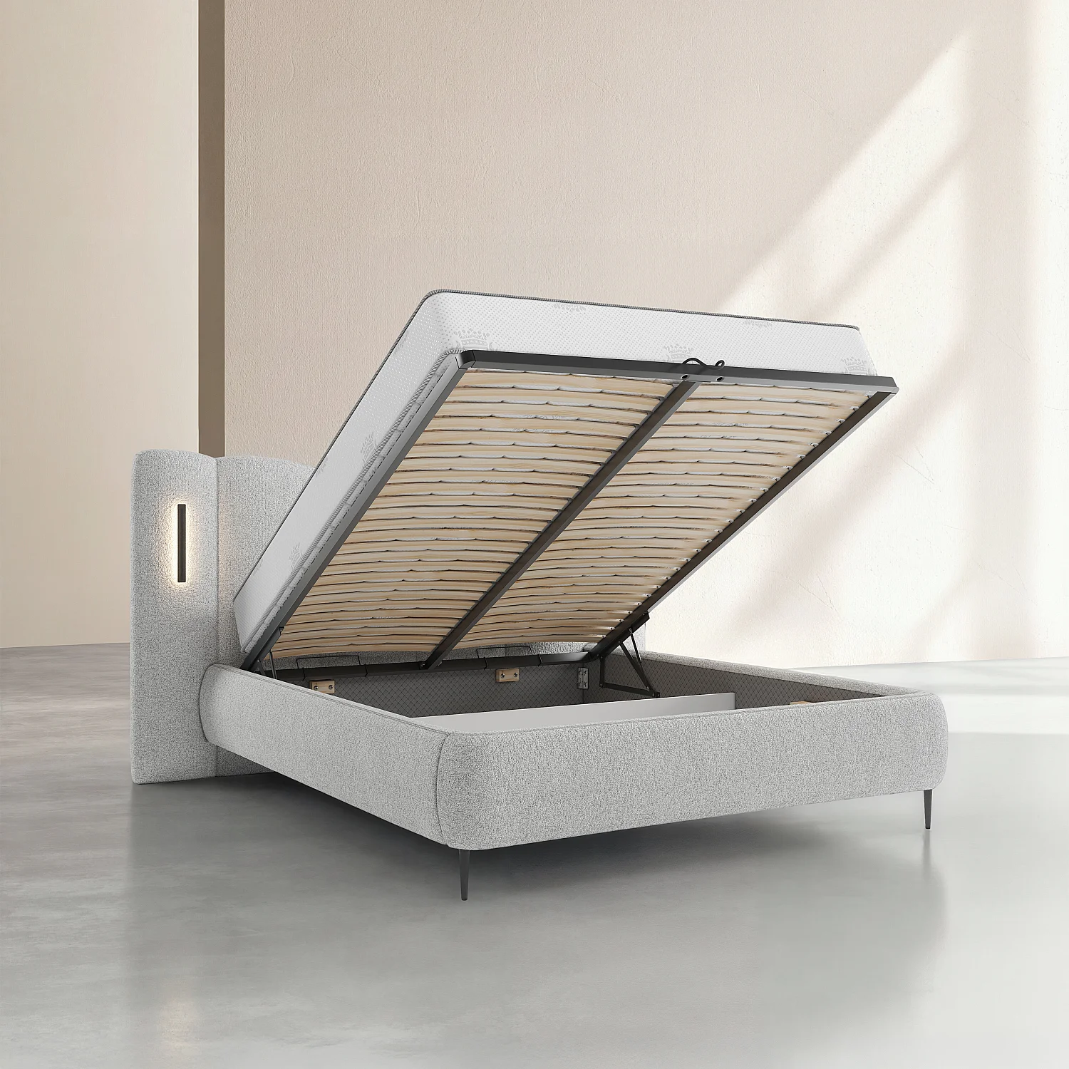 Ensemble lit coffre 160 x 200 cm en tissu texturé avec LEDs intégrées et matelas Hybride Excellence - Gris chiné - 4