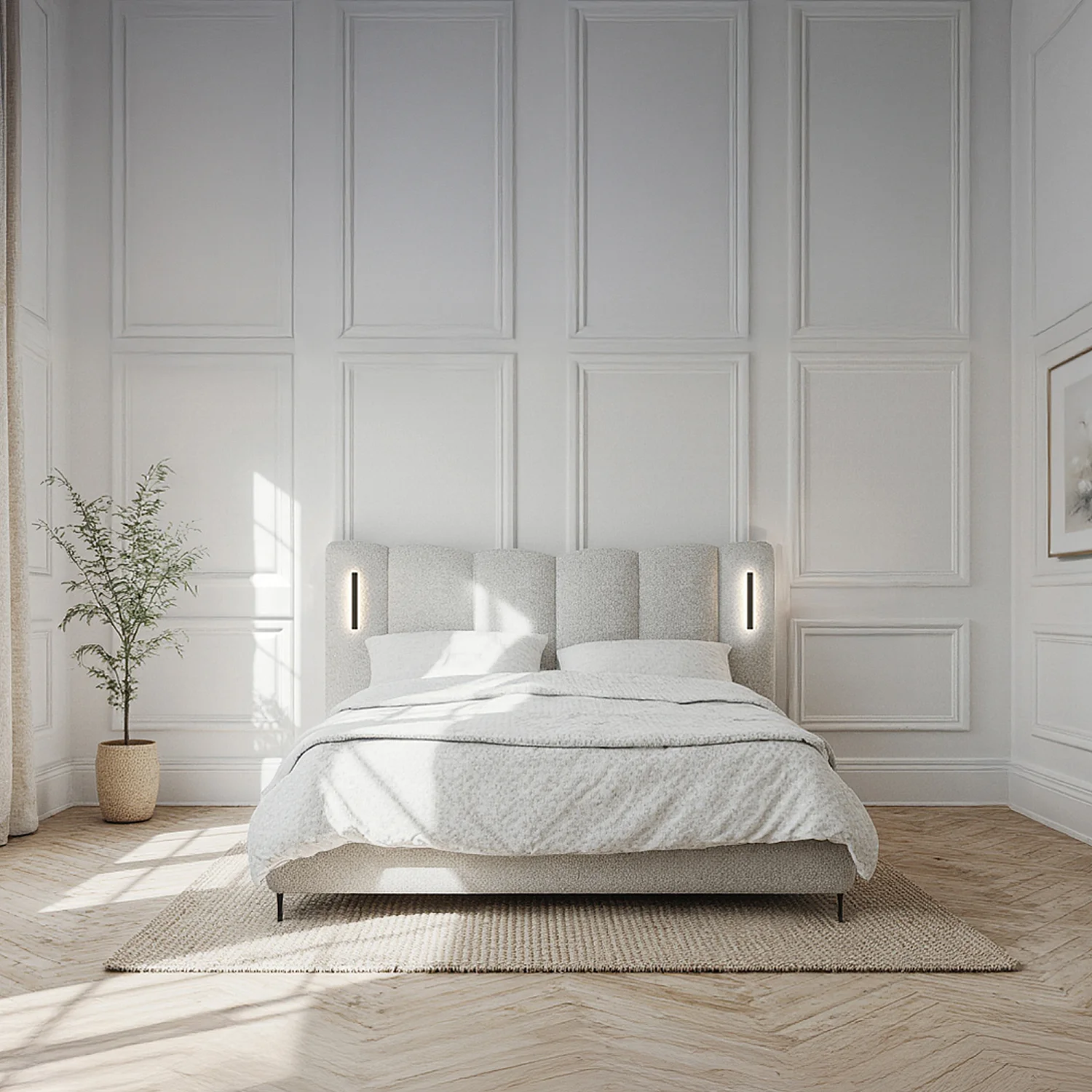 Ensemble lit coffre 160 x 200 cm en tissu texturé avec LEDs intégrées et matelas Hybride Excellence - Gris chiné - 2