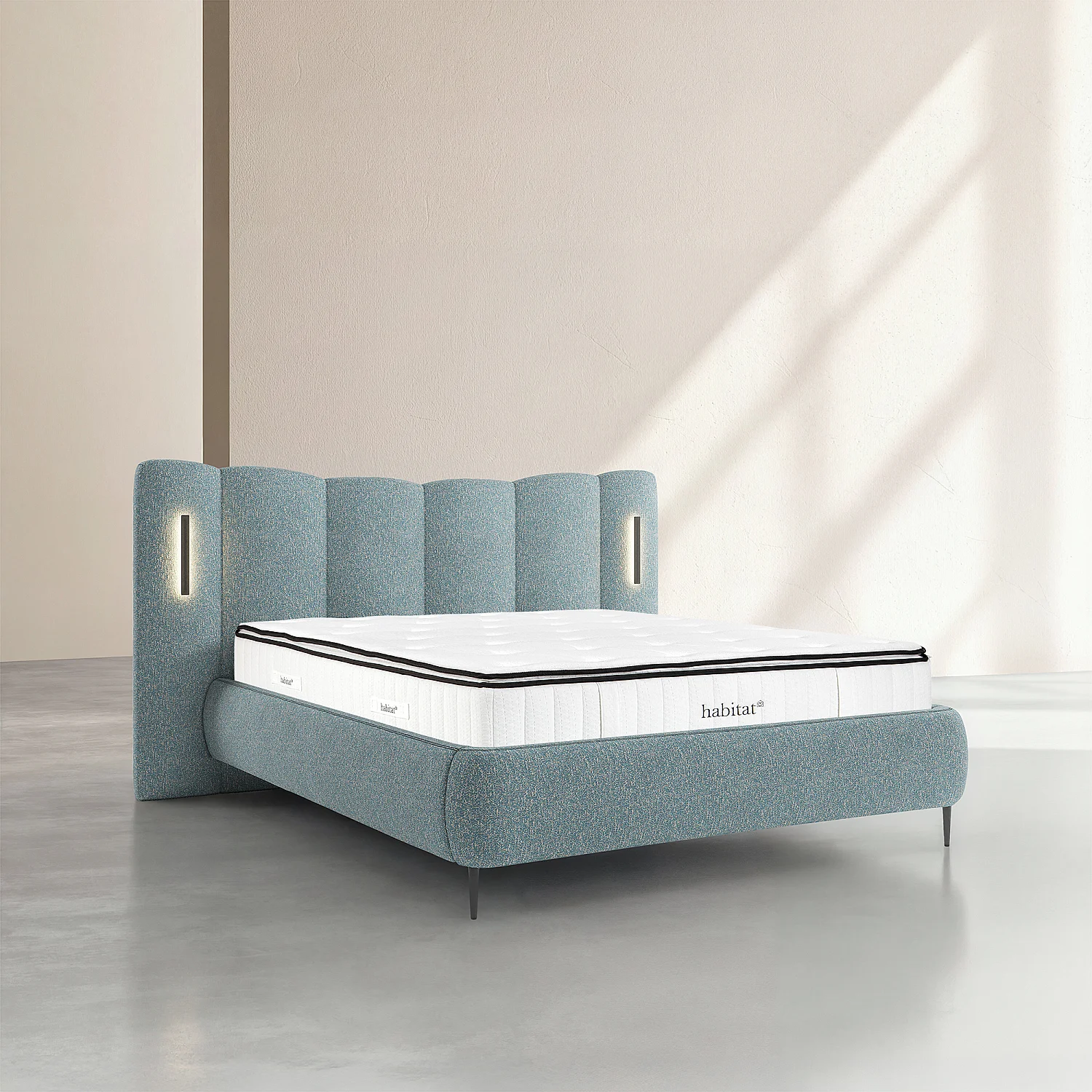 Ensemble lit coffre 160 x 200 cm en tissu texturé avec LEDs intégrées et matelas Hybride Excellence - Bleu chiné - 1