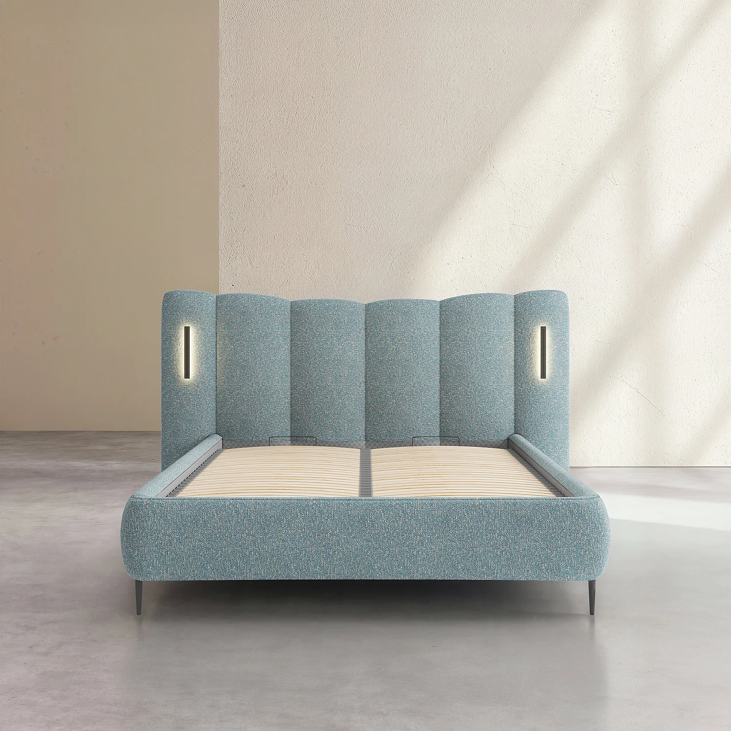 Ensemble lit coffre 160 x 200 cm en tissu texturé avec LEDs intégrées et matelas Hybride Excellence - Bleu chiné - 7