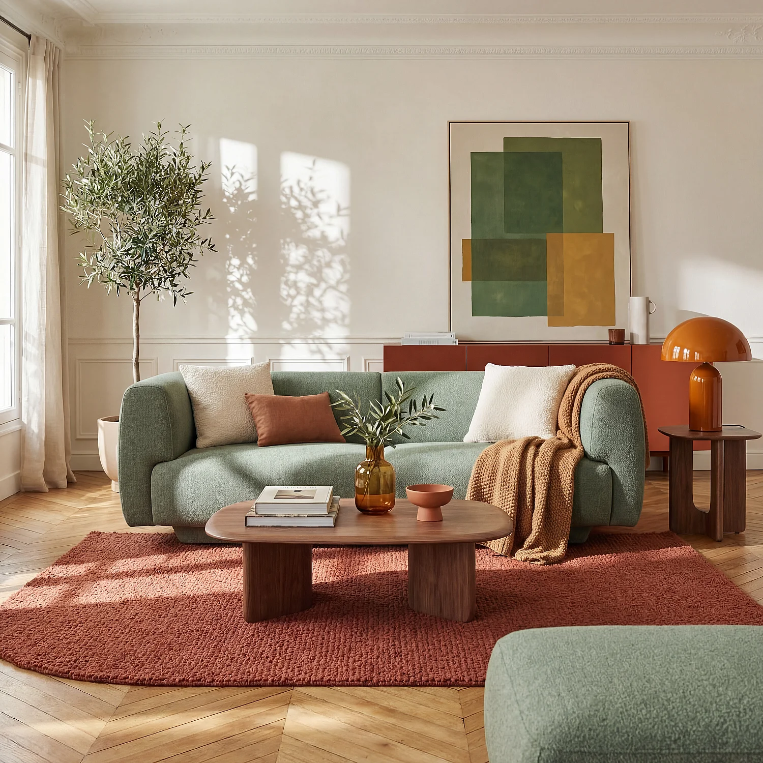 Canapé 2 places avec repose-pieds en tissu texturé - Vert sapin - 4