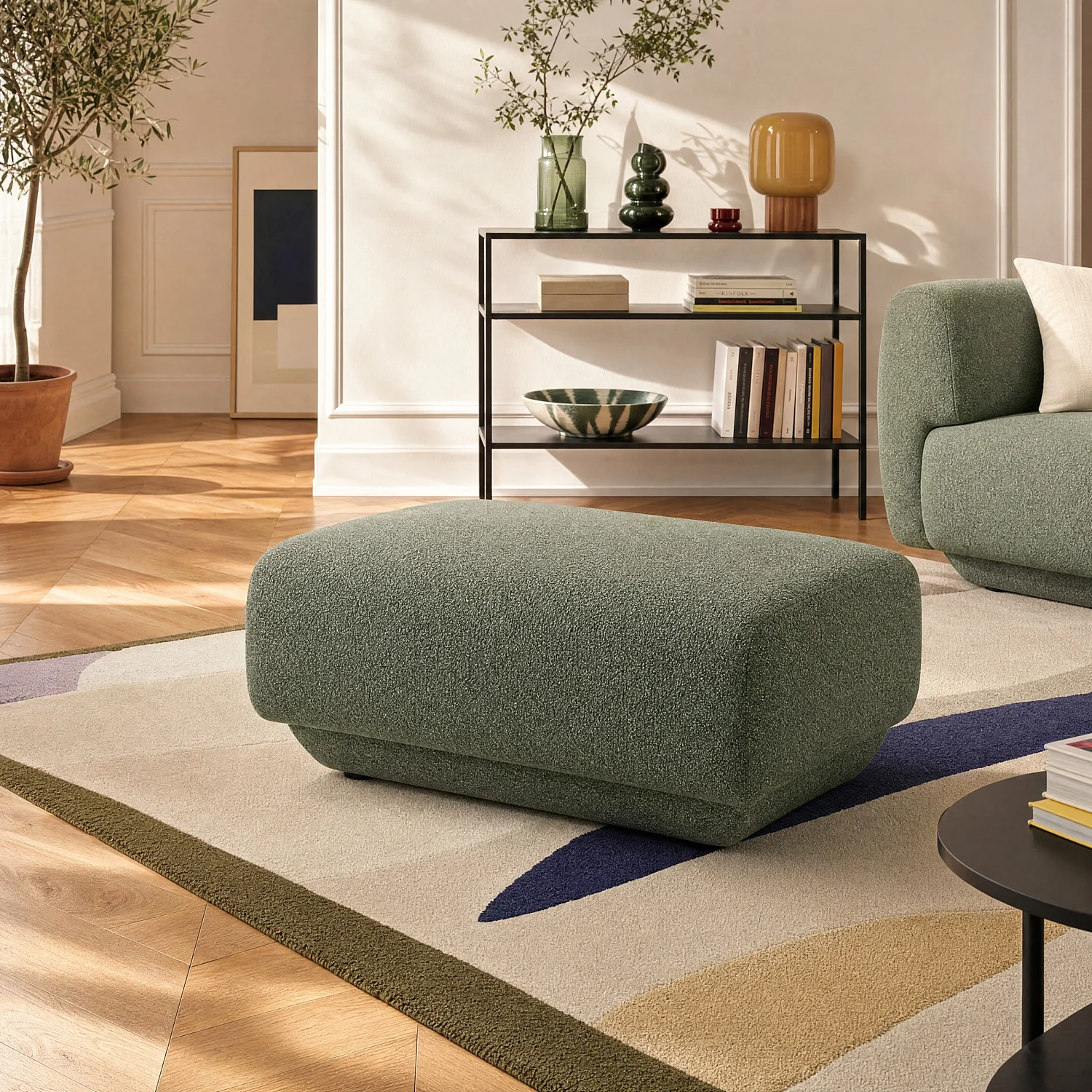 Canapé 2 places avec repose-pieds en tissu texturé - Vert sapin - 5