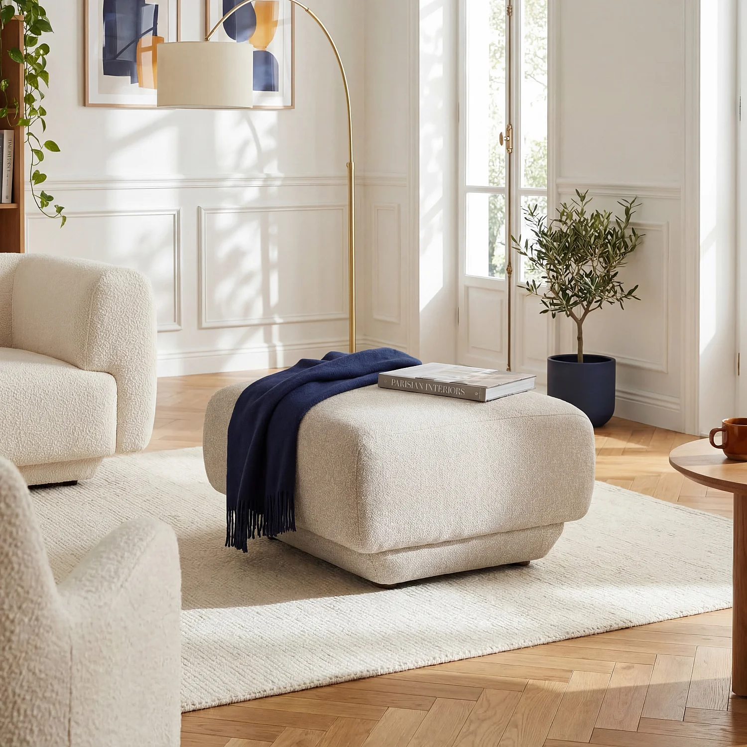 Canapé 2 places avec repose-pieds en tissu texturé - Beige vanille - 5