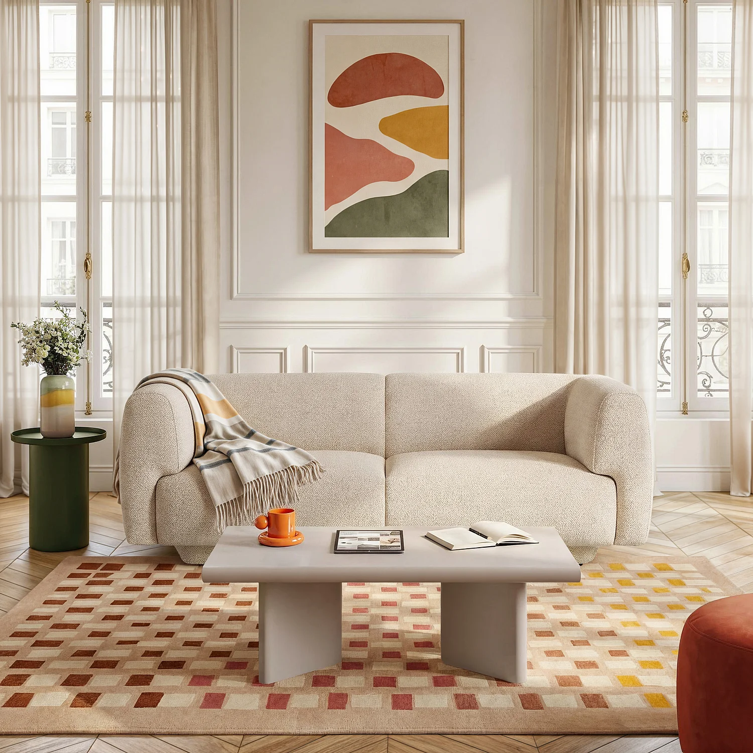 Canapé 2 places avec repose-pieds en tissu texturé - Beige vanille - 4