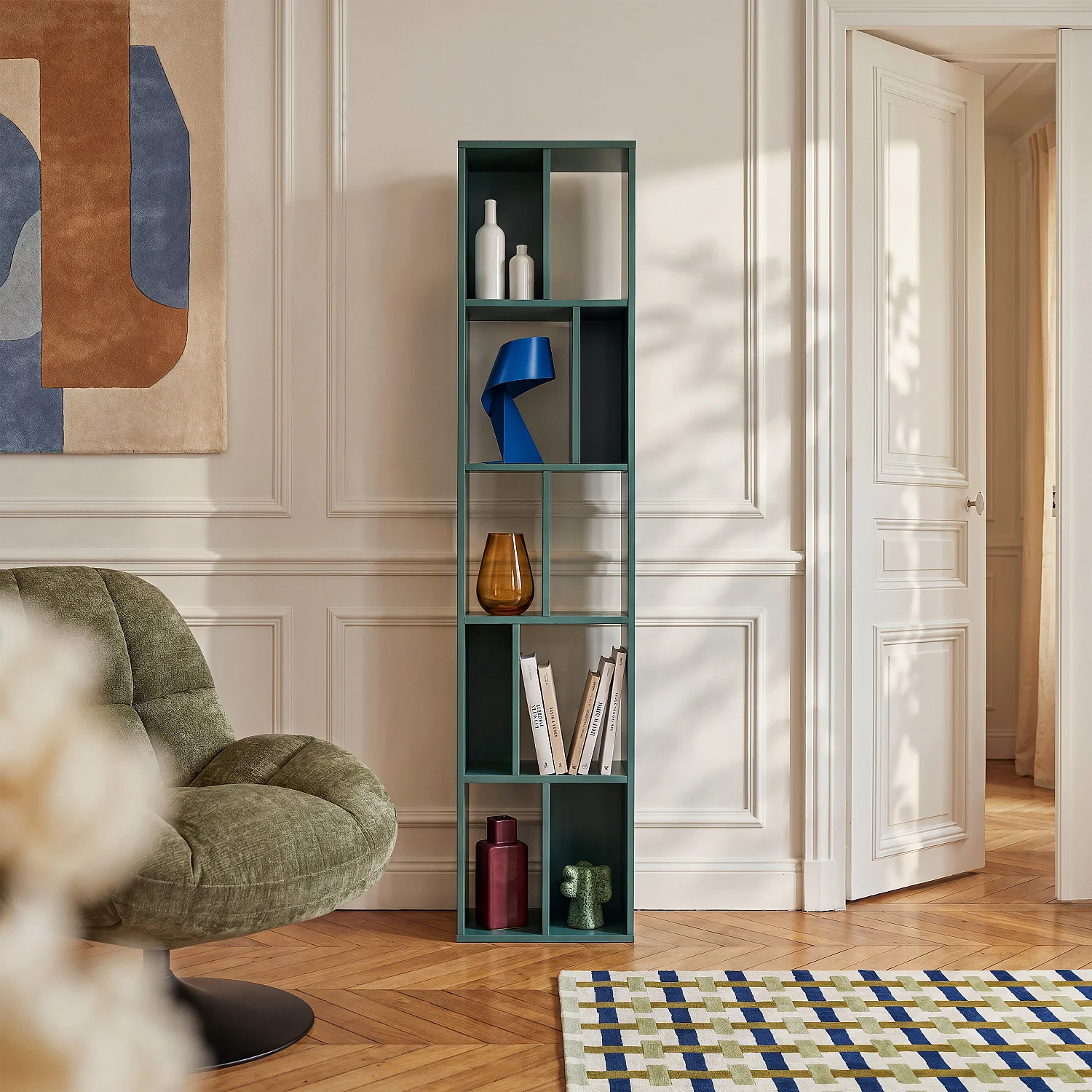 Bibliothèque en chêne 38 x 195 cm - Vert ardoise - Design by Hélèna Pille - 1