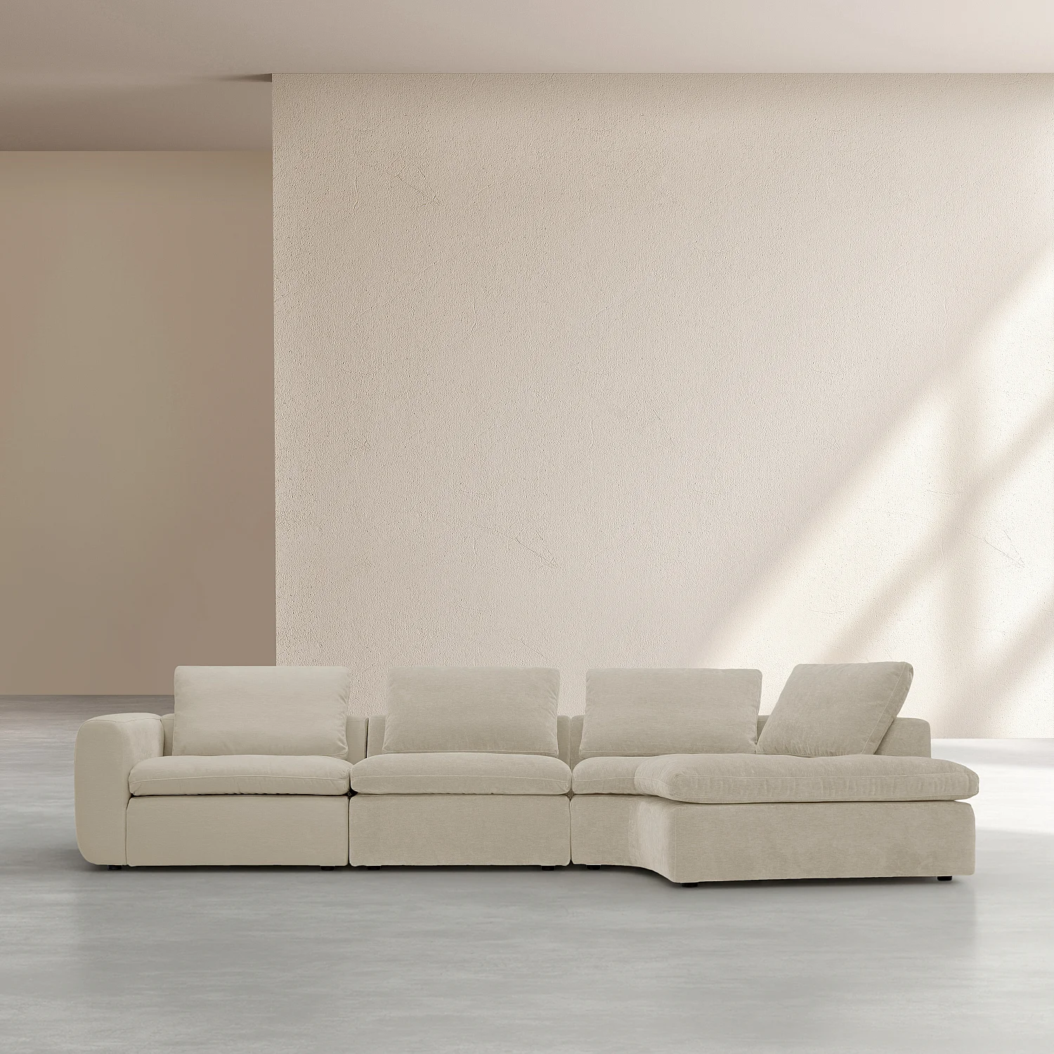 Stor modulär böjd högervänd hörnsoffa i tyg – Beige maräng - 2