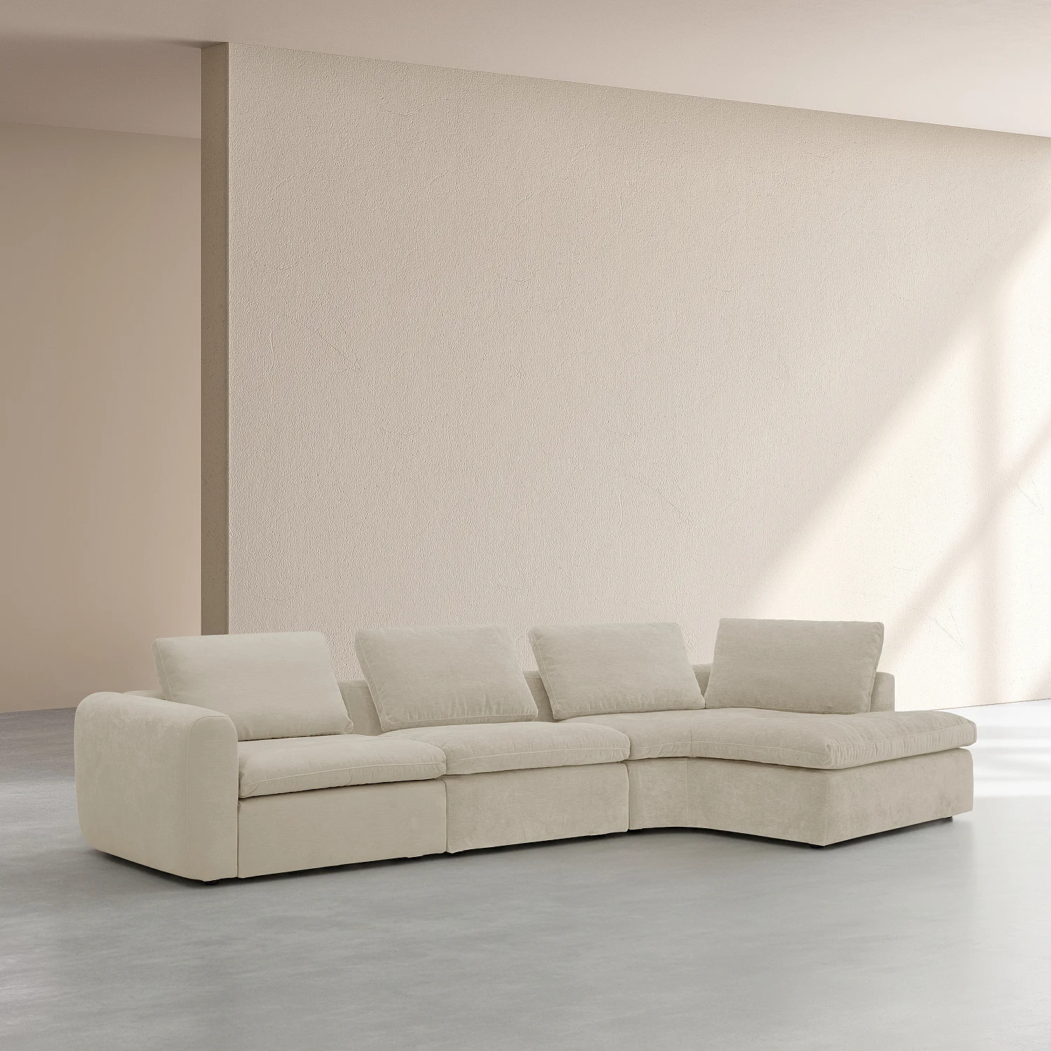 Stor modulär böjd högervänd hörnsoffa i tyg – Beige maräng - 3