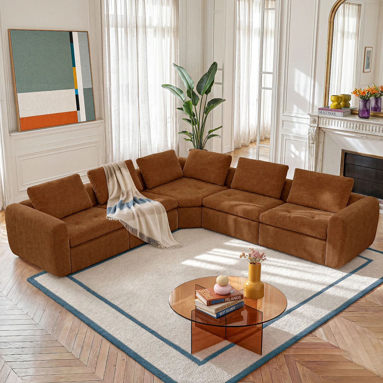 Canapé d'angle symétrique modulable en tissu - Marron noisette - 3