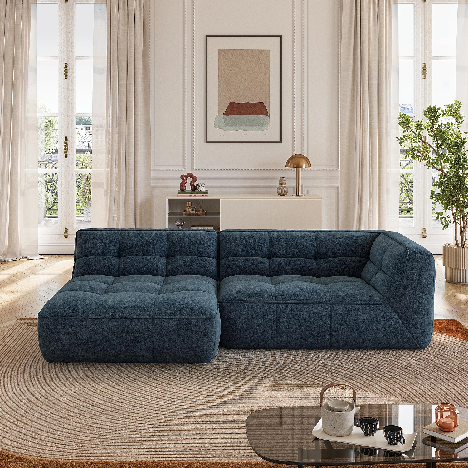 Loungefåtölj med djupt säte i tyg – Havsblå - 3