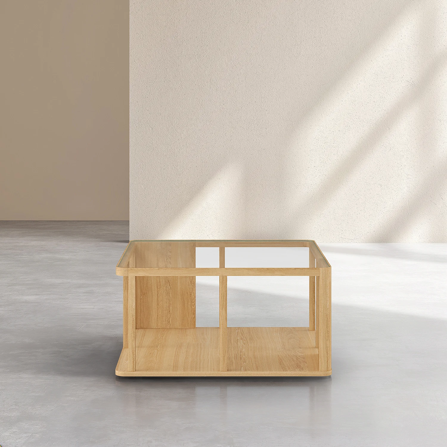 Table basse carrée en bois massif plaqué chêne et verre trempé - Naturel - Design by Hélèna Pille - 2