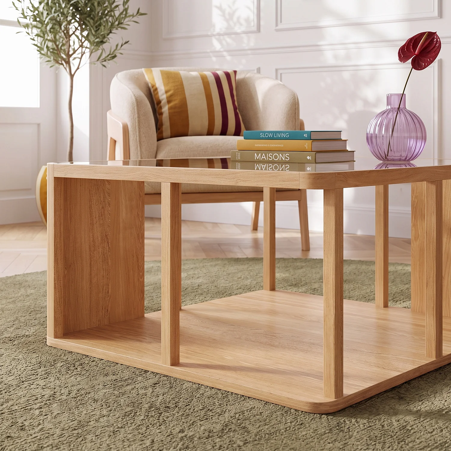 Table basse carrée en bois massif plaqué chêne et verre trempé - Naturel - Design by Hélèna Pille - 6