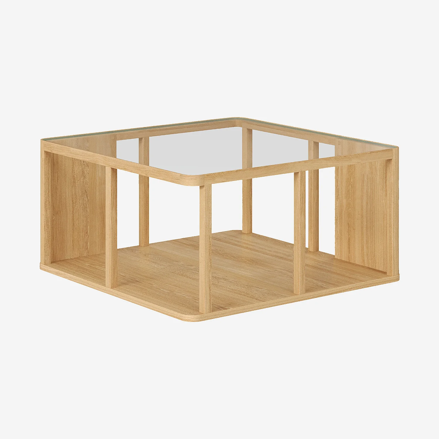 Table basse carrée en bois massif plaqué chêne et verre trempé - Naturel - 3