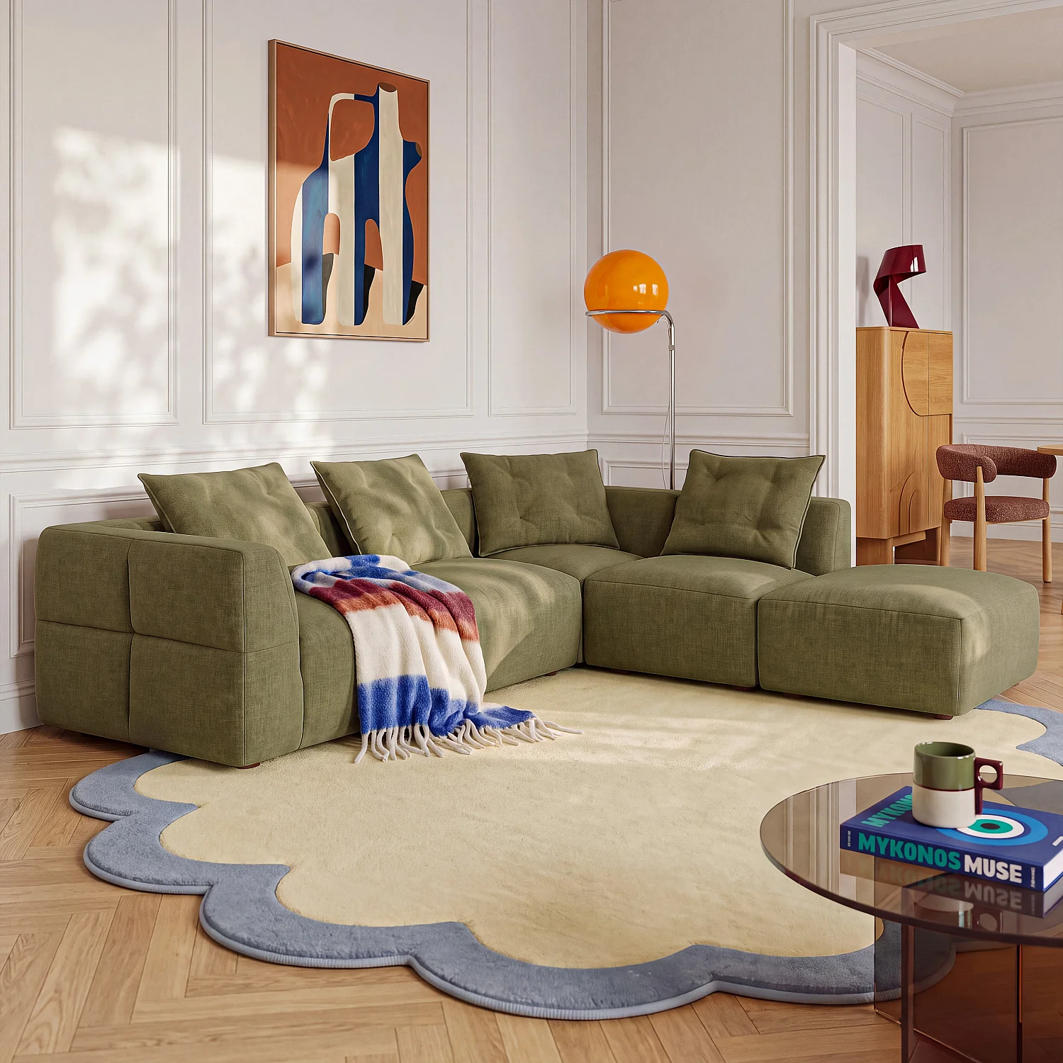 Repose-pieds en tissu garni de plumes - Vert kaki - 3