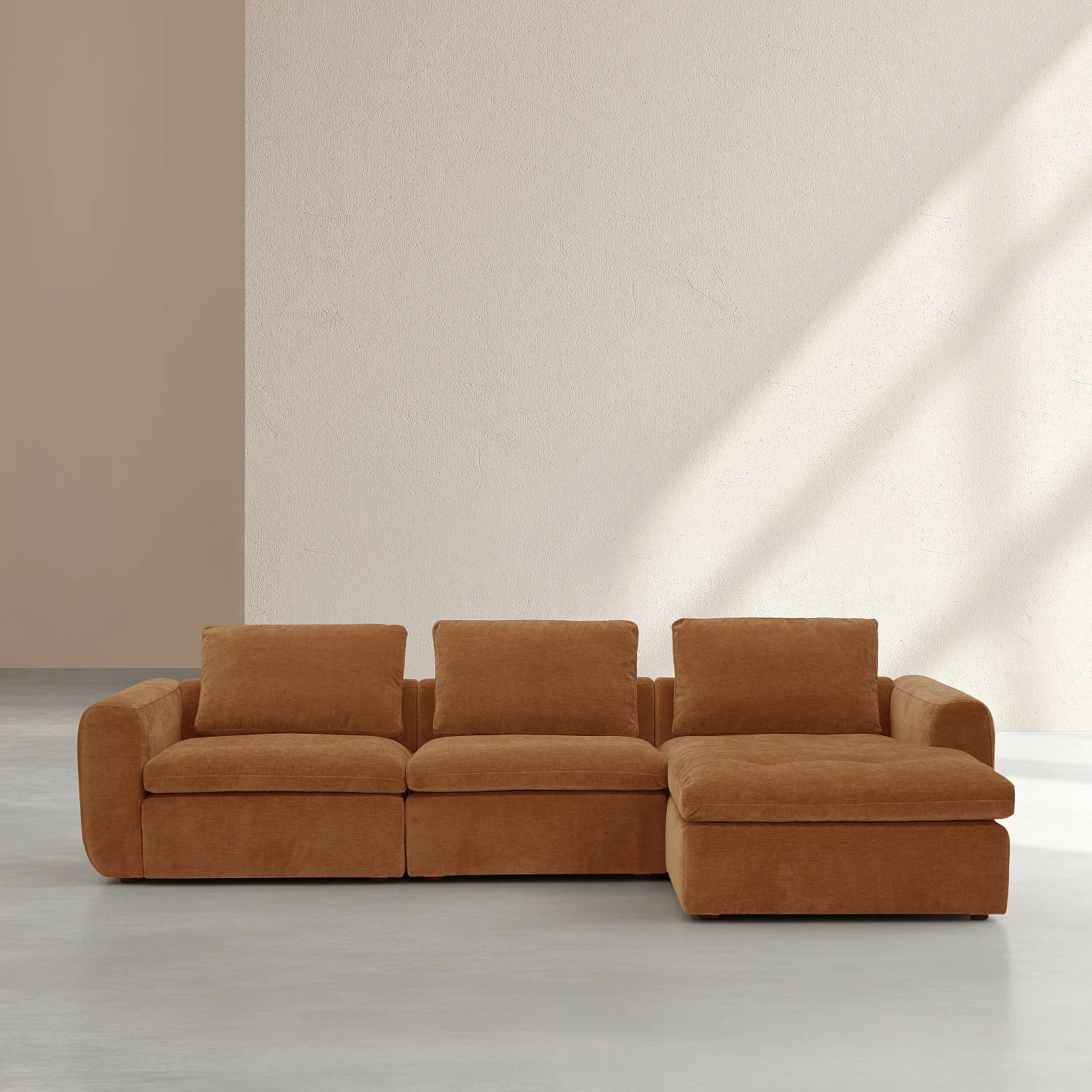 Grand canapé d'angle droit modulable en tissu - Marron noisette - 3