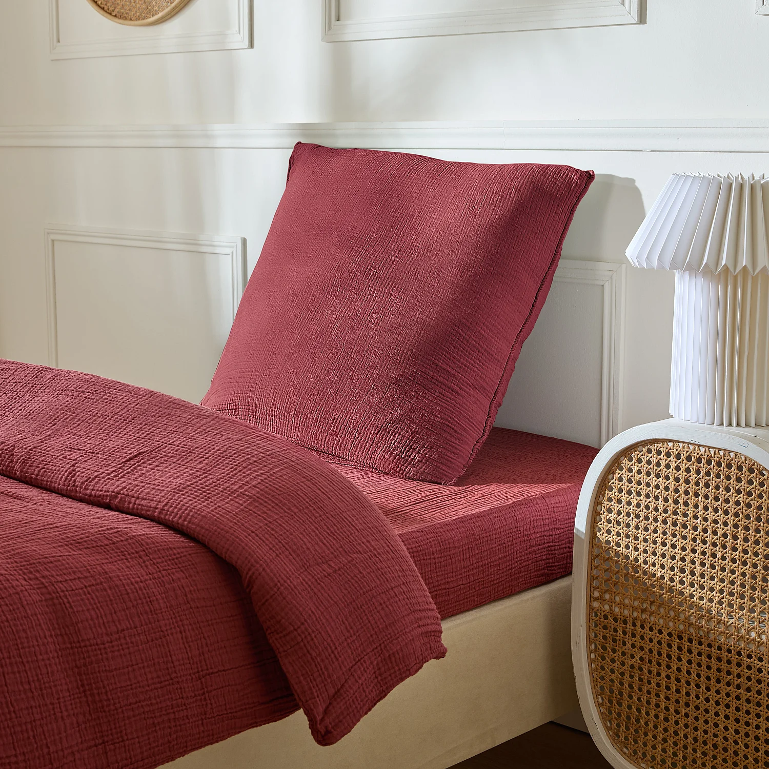 Drap housse en double gaze de coton - 160 x 200 cm - Bordeaux - 3