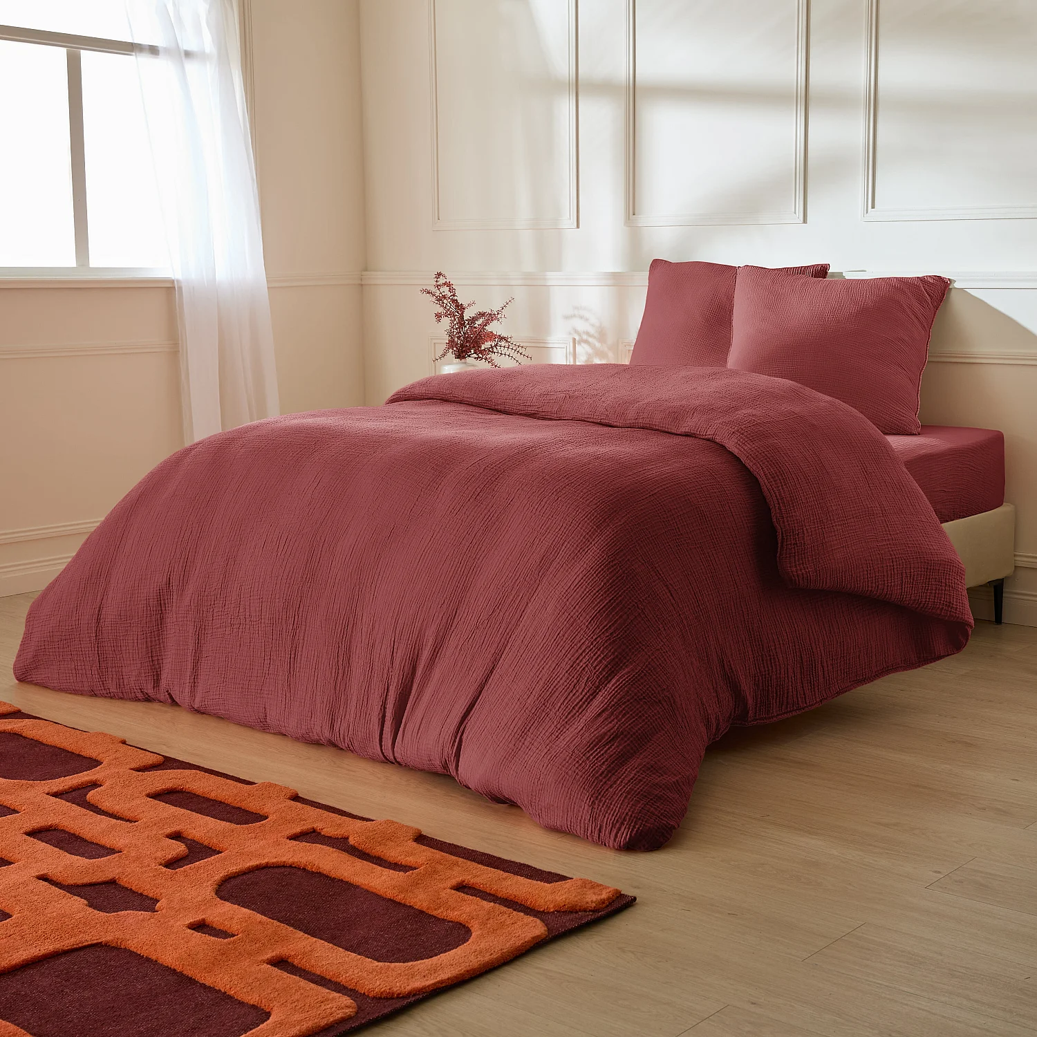Housse de couette en double gaze de coton - 240 x 220 cm - Bordeaux - 3