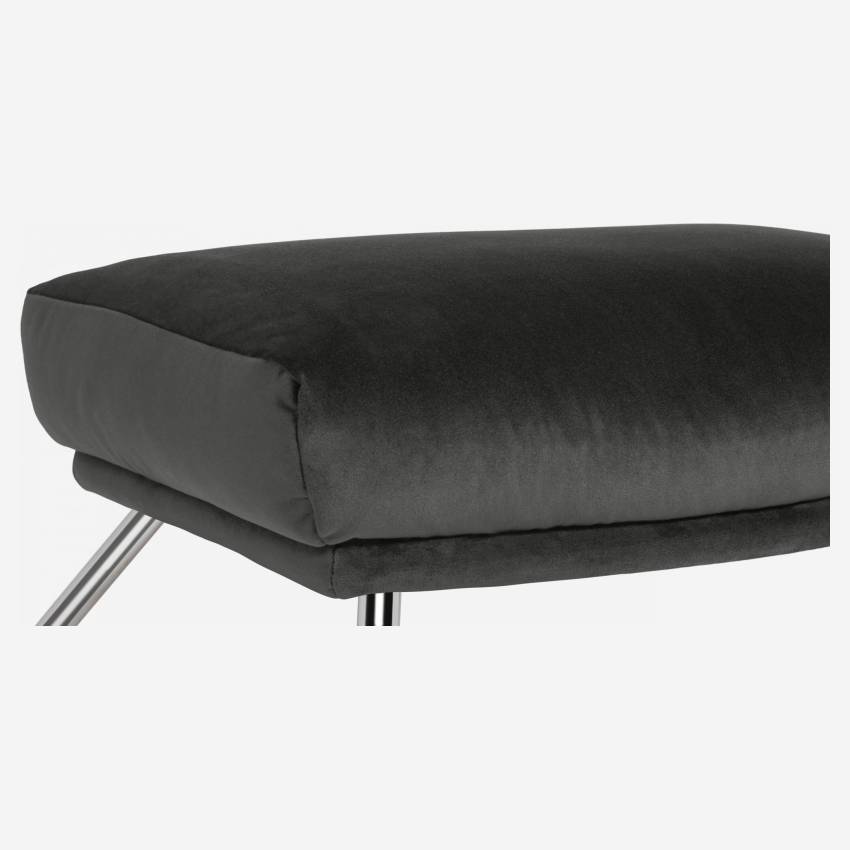 Footstool in Super Velvet fabric, silver grey with chromed metal legs