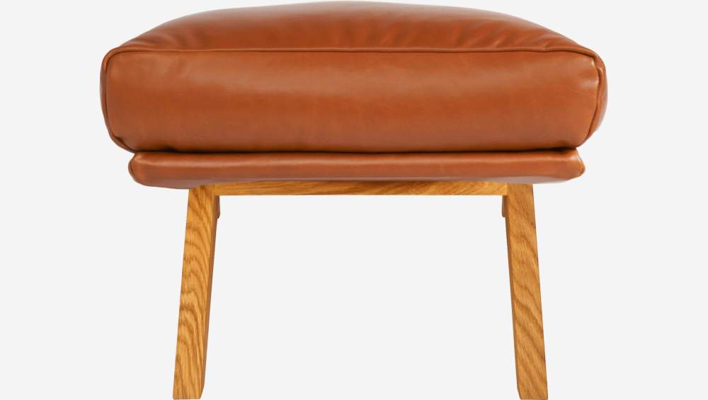 Footstool in aniline Vintage Leather, old chestnut with oak legs