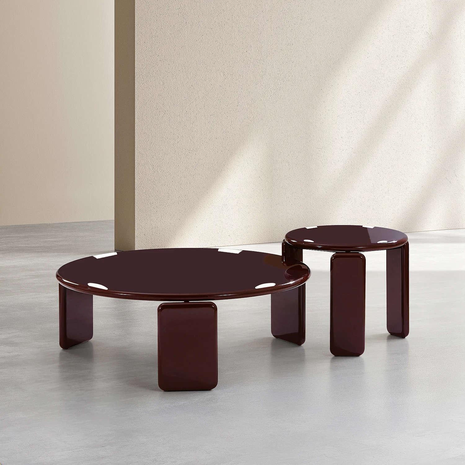 Set med runda lackerade soffbord – Vinröd - 2