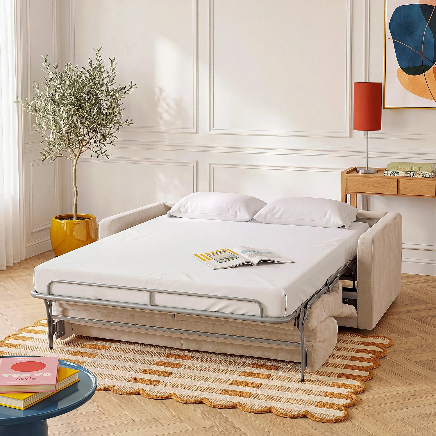 Canapé convertible 3 places - Couchage 160 cm - Matelas 16 cm - Tissu Atrani - Taupe - 2