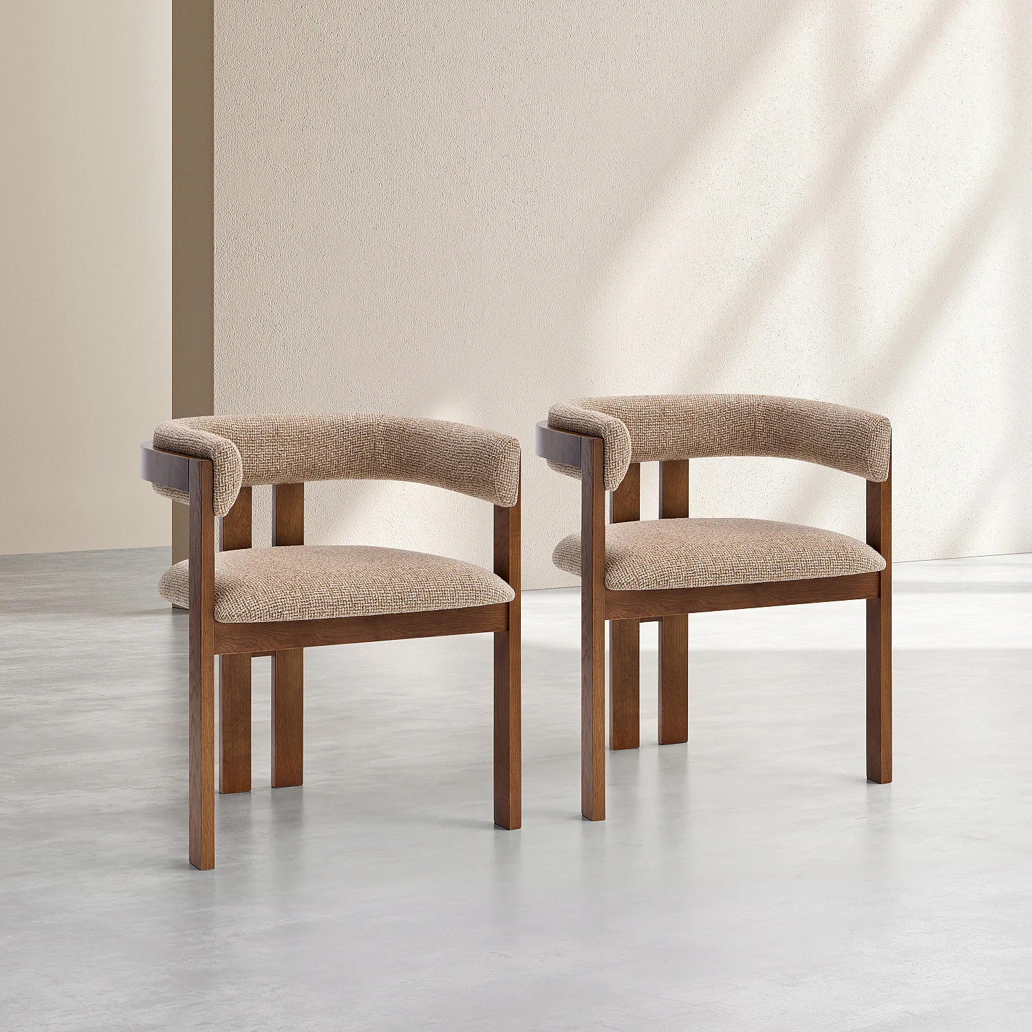 Lot de 2 chaises en tissu texturé et noyer massif avec accoudoirs - Beige sable mélangé - 2