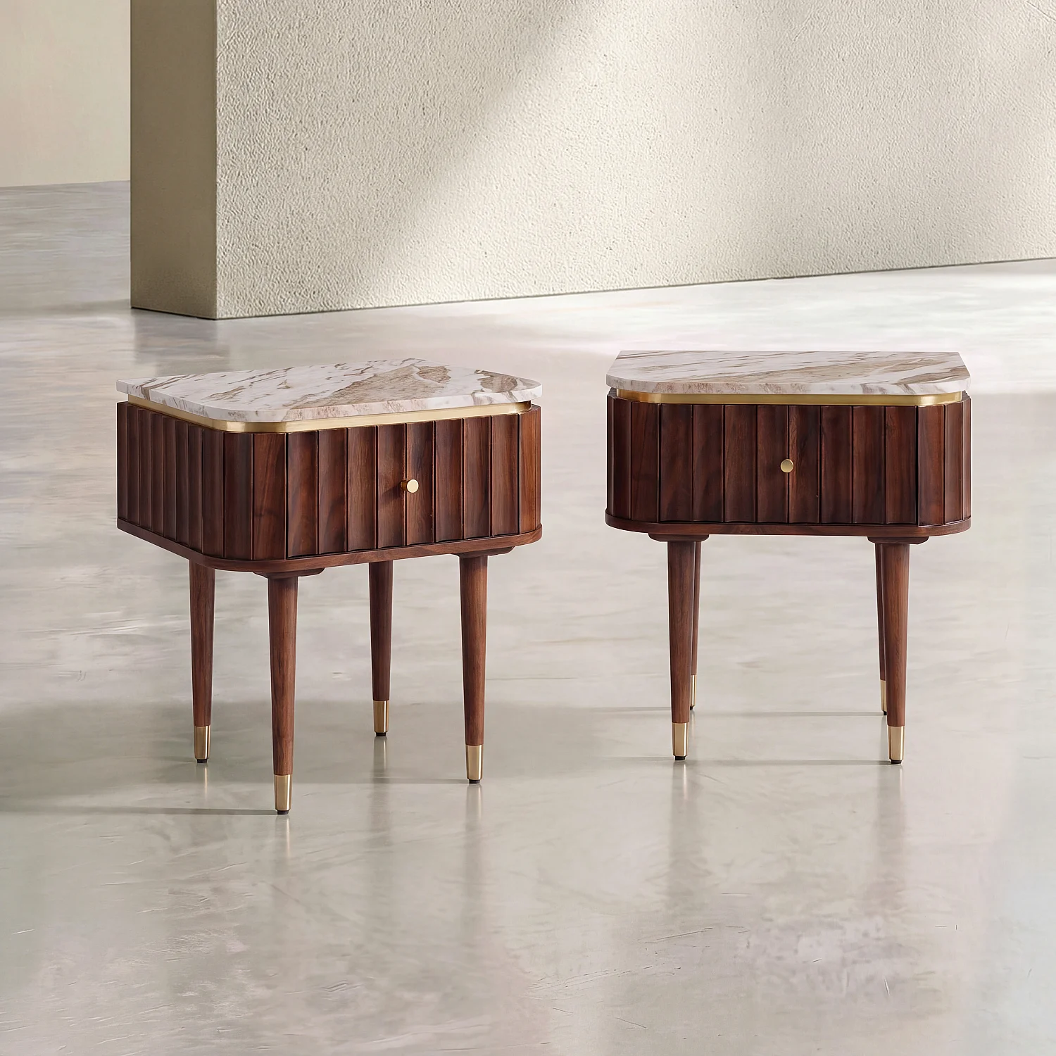 Lot de 2 tables de chevet en bois massif avec plateau en marbre - Naturel foncé - 2