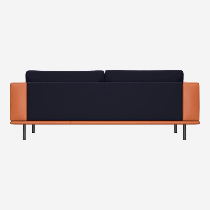 3 seater sofa in Super Velvet fabric, dark blue with base and armrests in brown leather