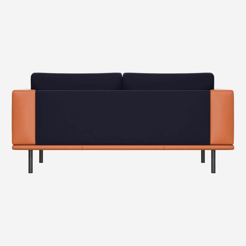 2-Sitzer Sofa aus Samt mit Basis und Armlehnen aus braunem Leder - Marineblau