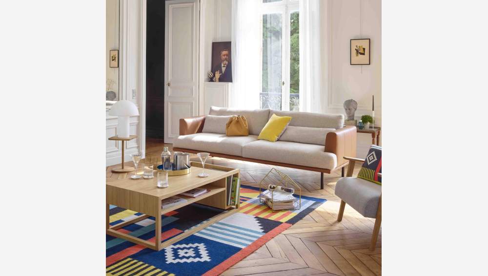 3-Sitzer Sofa aus Lecce-Stoff - Blaugrau mit Basis aus braunem Leder