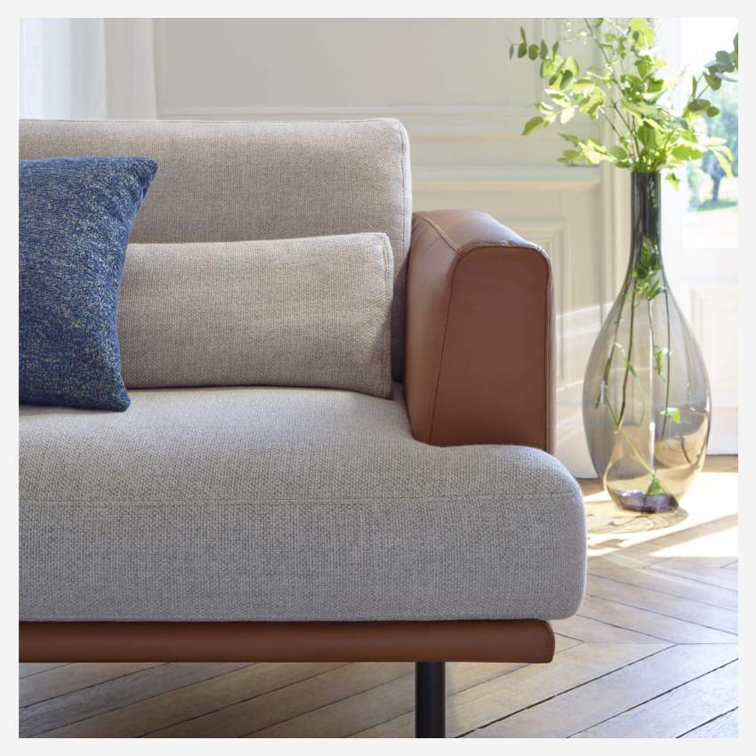 3 seater sofa in Bellagio fabric, organic green with base in brown leather