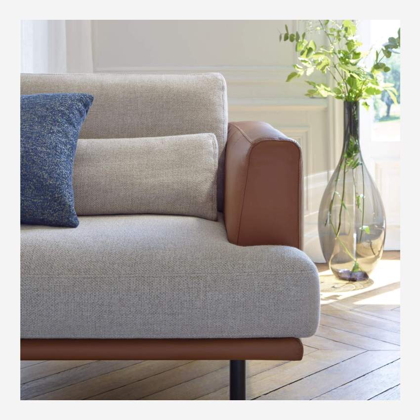 2 seater sofa in Bellagio fabric, organic green with base in brown leather