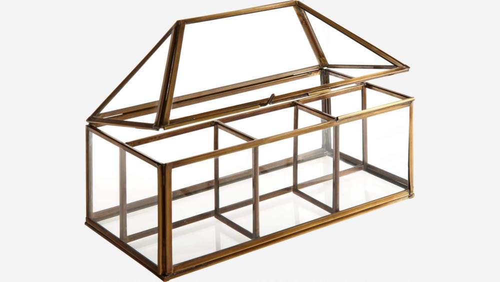 Boite en verre en forme de maison avec 4 compartiments - 13 x 26 cm – Transparent et doré