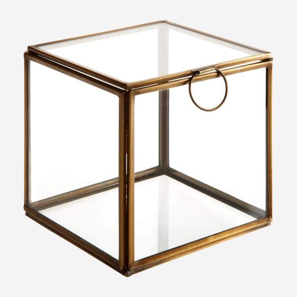 Caixa quadrada em vidro - 13 x 13 x 13 cm – Transparente e dourado