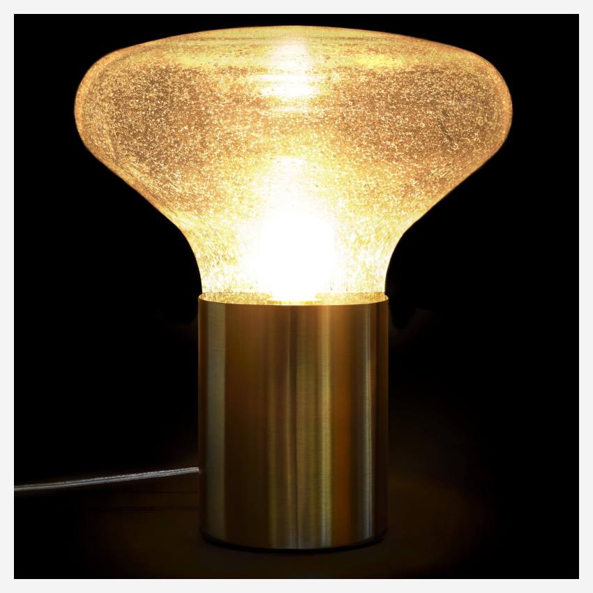 Smoked glass 42.5cm table lamp with golden brushed brass base