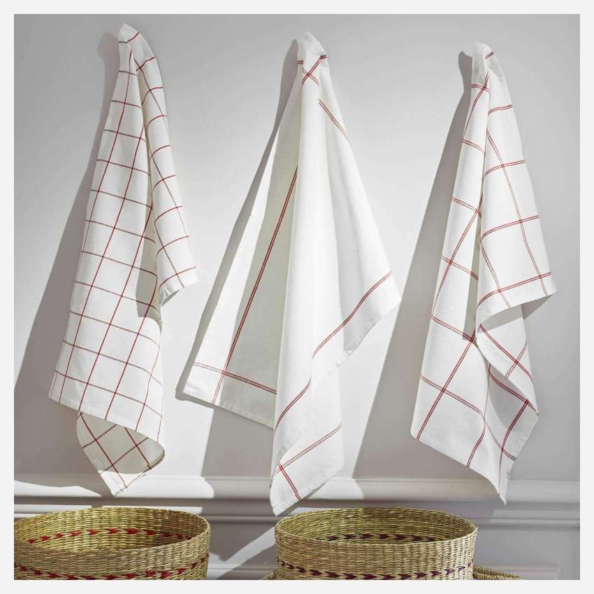 Set of 3 tea towels 70x50cm red striped white