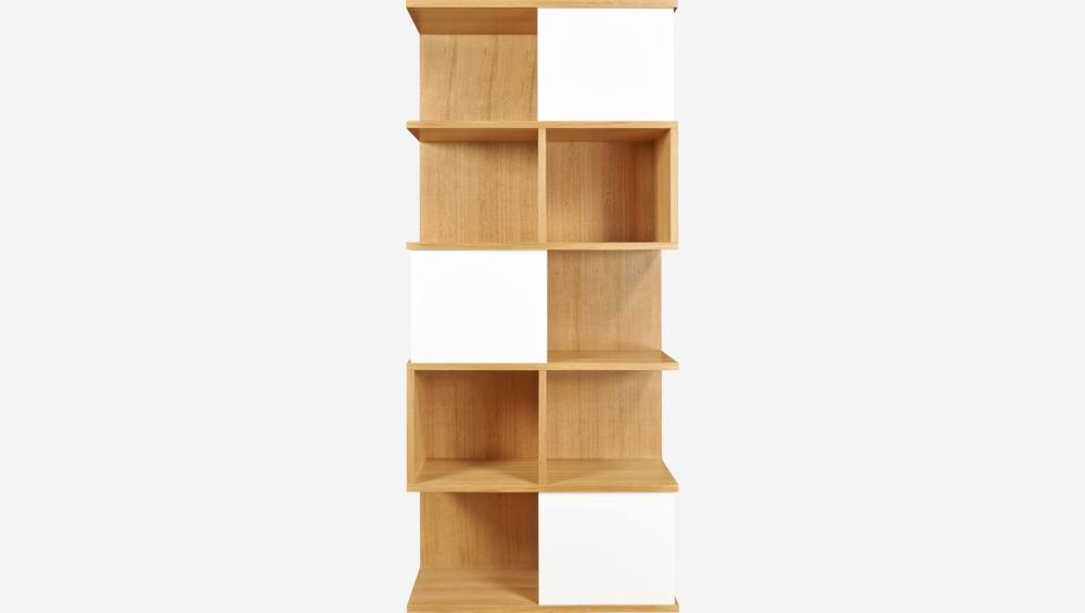 Tall oak bookcase with sliding white doors
