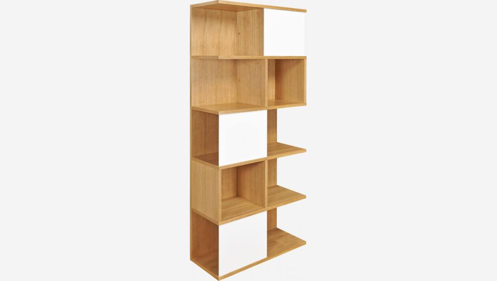 Tall oak bookcase with sliding white doors