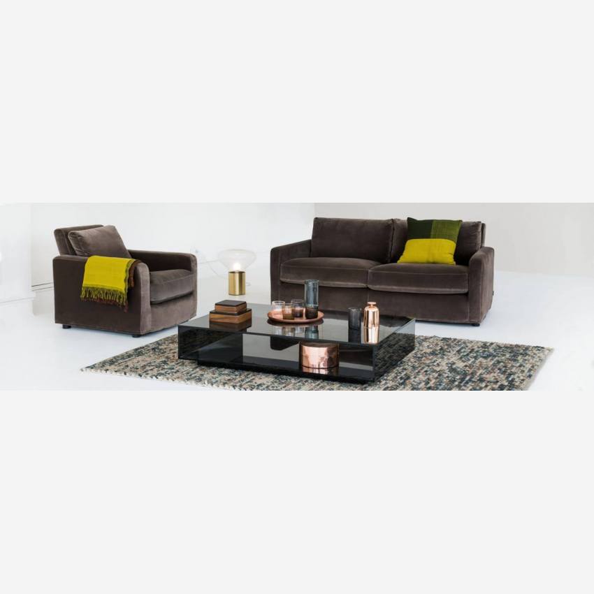 Canapé d'angle 2 places en cuir - Brun - Pieds chêne